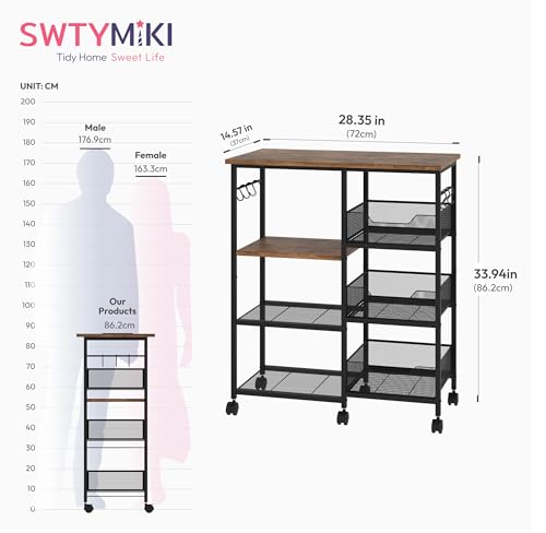 SWTYMIKI Kitchen Island Cart on Wheels - 28.35x14.57in Rolling Kitchen Table Cart with Storage Shelves, 6 Removable Hooks& Locking Casters, Coffee Bar Cabinet for Dining Room Pantry Office, Espresso - size: 28x14.57in, style: Espresso