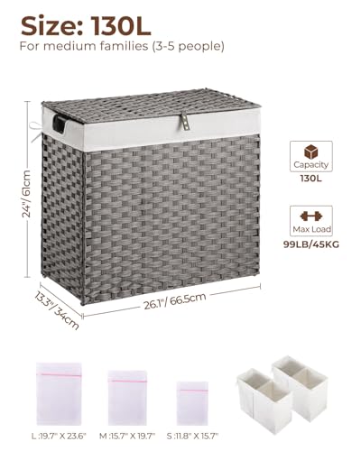 Greenstell Laundry Hamper with lid, No Install Needed, 130L Wicker Laundry Baskets Foldable 2 Removable Liner Bags, 2 Section Clothes Hamper Handwoven Rattan Laundry Basket with Handles, Gray - color: Gray, size: 130L (26.2x13.3x24.0 Inches)