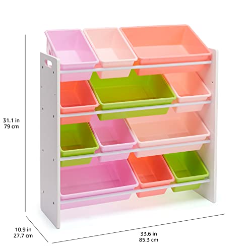 Amazon Basics Kids Toy Storage Organizer with 12 Plastic Bins, White Wood with Pink Bins, for Bedroom and Playroom, 33.85"D x 12.79"W x 35.42"H - color: White Wood With Pink Bins