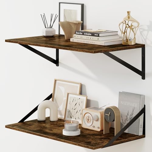 Fun Memories Floating Shelves for Wall, 12 Inch Deep Floating Shelves Set of 2, 24W x 12D Large Wall Shelf with Sturdy Metal Brackets for Living Room, Bathroom, Bedroom and Kitchen, Rustic Brown - color: A-rustic Brown, size: 24"W x 12"D