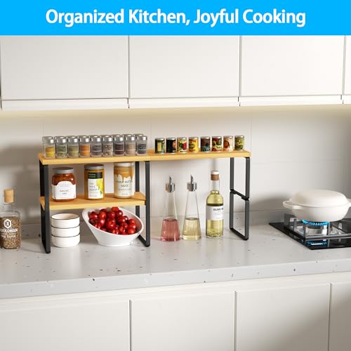 Golener Countertop Organizer Corner Shelf, 2-Tier Adjustable Stackable Corner Shelves for Kitchen, Spice Rack, Coffee Area, Over Sink, Bathroom, Dresser Table, Corner Counter Shelf Stand, Bamboo - color: Bamboo Tan, size: Medium Standard