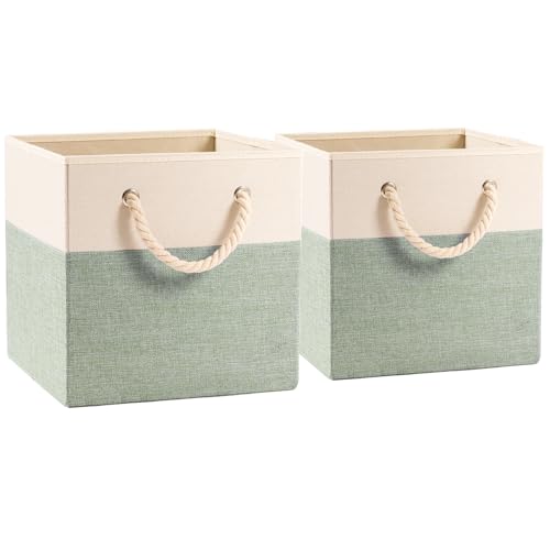 PRANDOM Large Foldable Cube Storage Bins 11x11 inch [2-Pack] Fabric Linen Storage Baskets Cubes Drawer with Cotton Handles Organizer for Shelves Nursery Closet Bedroom Beige/Green - color: Beige/Green, size: 11x11 inch(2-Pack)
