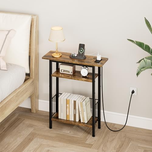 Vagusicc Narrow Side Table with Charging Station, 3-Tier Skinny Side End Table for Couch Sofa, Small End Side Tables for Small Spaces, 25.2" Tall Slim Nightstand for Living Room, Bedroom, Rustic Brown - color: Rustic Brown, style: With Plug