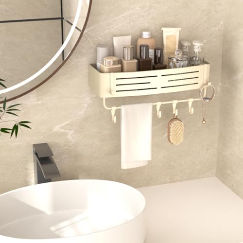 Onemake Aluminum Shower Caddy Suction Cup, No Drilling Bathroom Shower Shelf, Corner Shower Caddy with 6 Portable Hooks, Removable Bath Organizer with Towel Bar for Bathroom Storage(Cream White) - style: 1 Tier-Ivory White Square Caddy