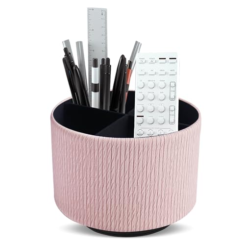 Round Leather Art Supply Organizer,Remote Control Holder,360 Degree Spinning,Multi-Functional Pencil Holder,4 Compartments Desktop Stationary Organizer(1-Wood Pink2) - color: 1-Wood Pink2