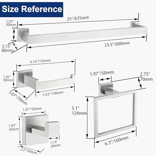5 Piece Bathroom Hardware Accessories - Brushed Nickel, 24Inch Towel Racks, Stainless Steel Square Towel Bar Set, Wall Mounted - color: Brushed Nickel, size: 24" 5pcs