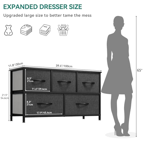 YITAHOME Dresser with 5 Drawers - Fabric Storage Tower, Black Dresser & Chest of Drawers, Organizer Unit for Bedroom - color: Black Ash Grey(new 2025), style: 5-Drawer