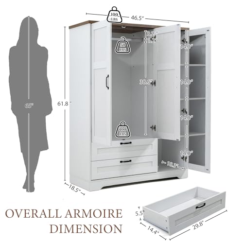 Brafab 62" Wooden Armoire Wardrobe Closet with 3 Doors and Drawers, Standing Bedroom Storage Armoires Cabinet with Hanging Rod for Hanging Clothes, Coat Closet Organizer with Shelves and Mirror, White - color: White, size: 3 Doors