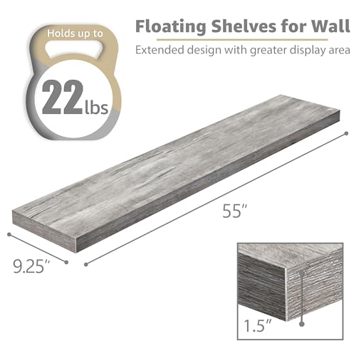 Sorbus Floating Shelves for Wall - 55 Inch Extra-Long Bathroom Shelves, Wall Decor for Bedroom, Kitchen, Living Room, Book Storage - Mounted Floating Shelf with Hidden Brackets (Gray, 2 Pack) - color: Grey, size: 55 Inch, style: 2 Pack