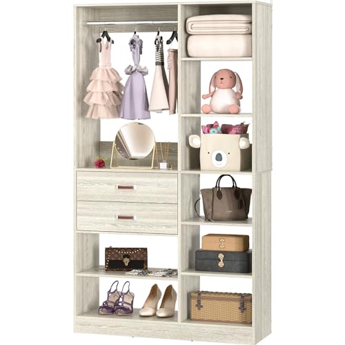 Armocity Freestanding Closet System, 40 Inches Stand-Alone Wardrobe with 10 Shelves, 80'' Height Adjustable Cloth Garment Rack with 2 Wood Drawers, Wood Walk-in Closet with Hanging Rod, White Oak - color: White Oak