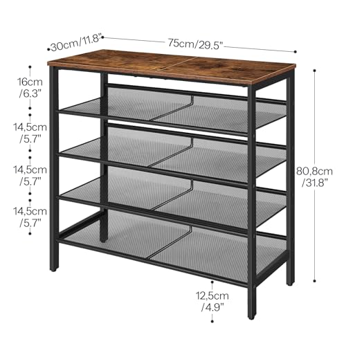 HOOBRO Shoe Rack for Entryway, 5-Tier Shoe Organizer with Adjustable Mesh Shelves, 16-20 Pairs of Shoes, Spacious Floor Mount, Metal, Industrial, Shoe Shelf for Closet, Rustic Brown BF12XJ01 - color: Rustic Brown + Black, size: 29.5"W x 11.8"D x 31.8"H