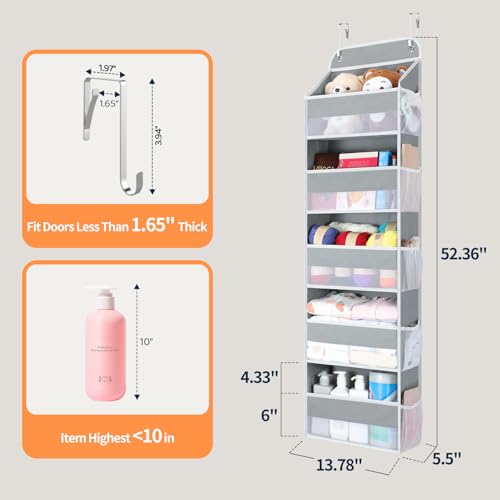 Yecaye Over The Door Organizer Storage, 5-Tier Heavy Duty Door Organizers Hanging with 10 Side Mesh Pockets, 44 lbs Load Capacity Behind Door Storage for Bathroom Nursery Bedroom Dorm Closet,Grey,1Pc - color: Grey, size: 5 Tier
