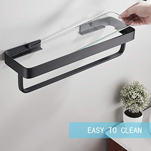 15.7 Inch Bathroom Tempered Glass Shelf with Towel Bar,Wall Mounted Aluminum Shower Organizer,Over Toilet Storage Cabinet,Matte Black,Kitchen Rectangular Vanity Rack - color: Matte Black