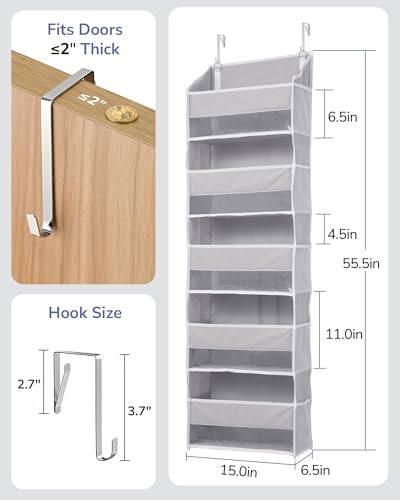 ULG 1 Pack Over Door Organizer with 5 Large Pockets 10 Mesh Side Pockets, 44 lbs Weight Capacity Hanging Storage Organizer with Clear Window for Kids Toys, Shoes, Diapers, Grey, 5 Layer - color: Grey, size: 1 Pack-5 Tier