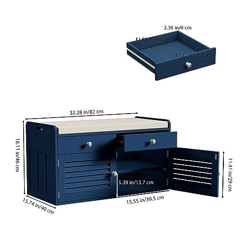 WARMHONIU Shoe Storage Bench with 2 Drawers, Entryway Bench with Cushion, Adjustable Shelves, Shoe Rack Bench with Louvered Doors for Entryway, Bedroom, Hallway, Blue - color: Blue, style: 2 Drawers Storage