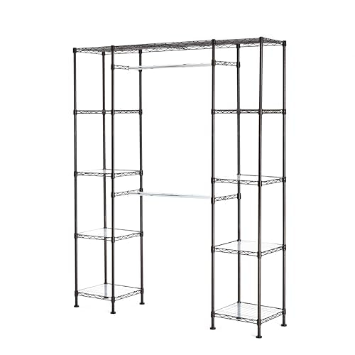 Amazon Basics Expandable Metal Hanging Closet Organizer and Storage Rack Wardrobe with Shelves, 57-80''L x 14''W x 72''H, Bronze - color: Bronze