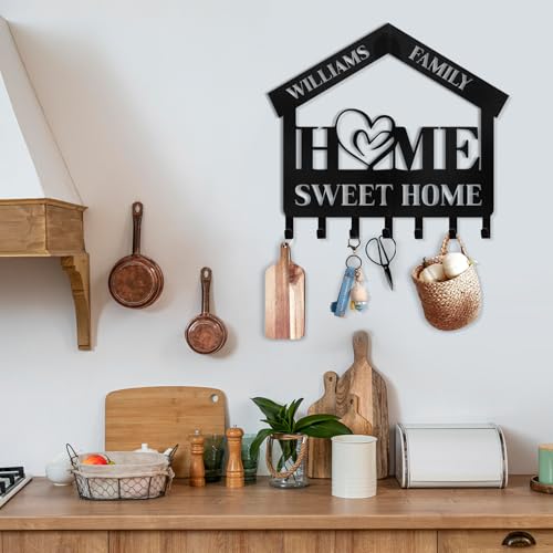 Personalized Key Holder for Wall | Sweet Home Key Holder Wall Mounted | Black Metal Key Hanger Wall Decorative | Housewarming Gifts | Key Rack Organizer for Living Room, Bedroom, Entryway - color: 05 Home