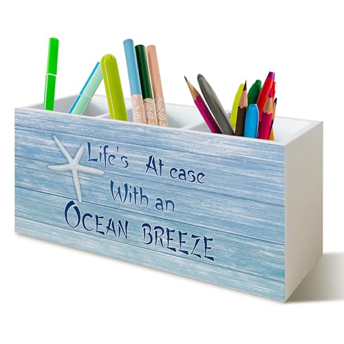 Coastal Beach Pen Pencil Holder for School Home Office Desk, Beach Decor Wooden Pencil Holder Sign Organizer for Home Office Desk Accessories, Coastal Gifts for Women Men - color: light blue