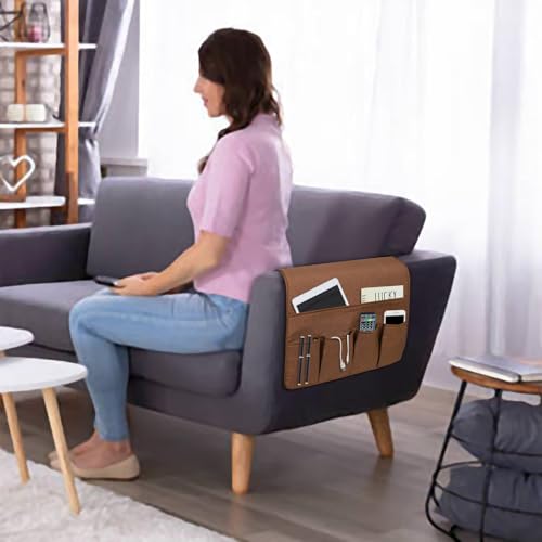 NB Sofa Armrest Organize Remote Holder Bedside Caddy Organizer With 5 Pockets, Non-Slip Couch Remote Control Holder Couch Armchair Caddy Accessories (Brown, 35''x18'') - color: Brown, size: 35''x18''