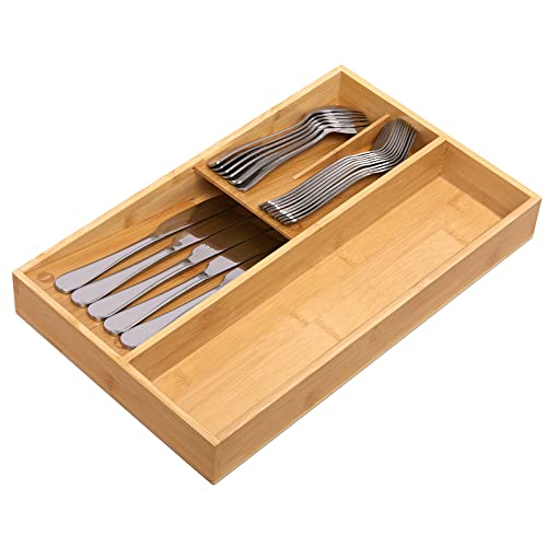 guiogc Bamboo silverware tray organizer, Utensil Holder and Cutlery Tray for Drawer, Kitchen Drawer Organizer Divider for Spoons Forks Knives - size: Medium