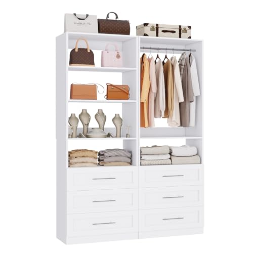 Closet System with 6 Drawers, Wood Closet Organizer System, Walk-in Closet or Small Closet System with Shelves, Modular Closet Systems with 3 Expandable Hanging Rods, 2 Sets, White (4FT) - size: 4FT