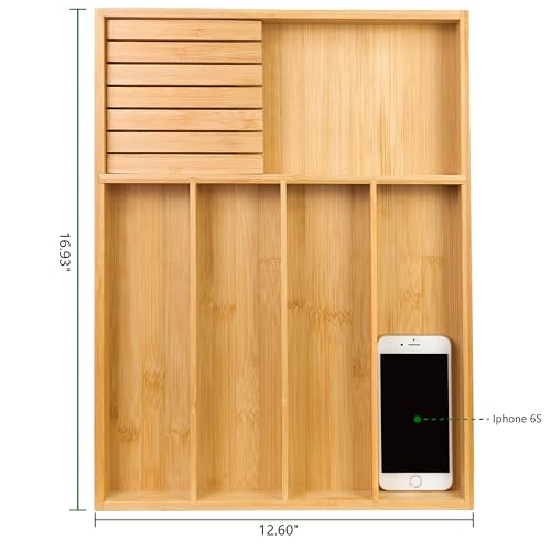VaeFae Bamboo Silverware Organizer (Non-expandable), Utensil Holder for Drawer, Cutlery Tray with Divider for Kitchen Drawer, Utensil Organizer with Knife Block - color: Natural, size: Small - Non-expandable with Block