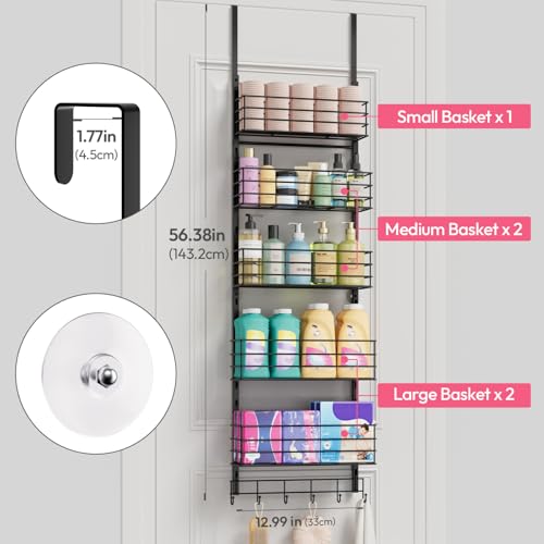 SWTYMIKI Over The Door Organizer - Door Organizer Hanging with 5 Adjustable Metal Large Capacity Basket and 6 Coat Hook, Wall Mounted Shelf for Bedroom Closet Bathroom Laundry Pantry Cabinet Kitchen - color: Black