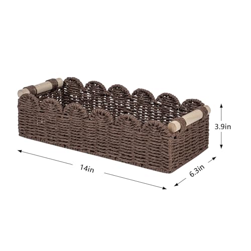CubesLand Paper Rope Scalloped Edge Shelves Storage Basket, Woven Toilet Paper Baskets for Over Toilet Storage Shelf, Ending Table, Floating Shelves Organizing or Home Décor, with Wood Handle, Brown - color: Brown, size: M - 14"L x 6.3"W x 3.9"H
