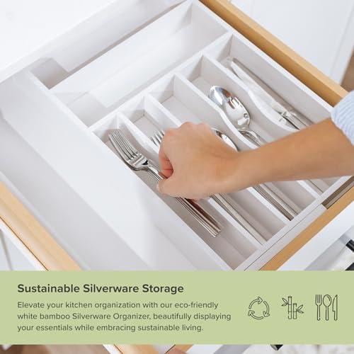 KitchenEdge Premium Silverware, Flatware and Utensil Organizer for Kitchen Drawers, Food-Safe Contract Grade, Expandable from 10.5 to 19 In, White Bamboo - color: White Bamboo, size: From 10.5" to 19" wide