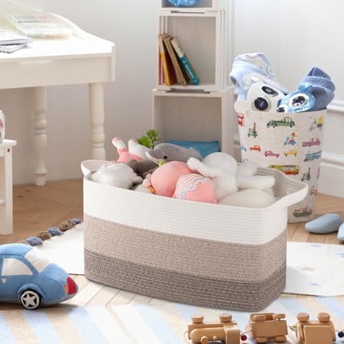 OIAHOMY Large Blanket Basket, 65L Cotton Rope Woven Laundry Basket, Toy Bin for Baby Room, Container for Blanket Storage in Living Room, 20''×16''×12'', Gradient Brown - color: Gradient Brown, size: 65L