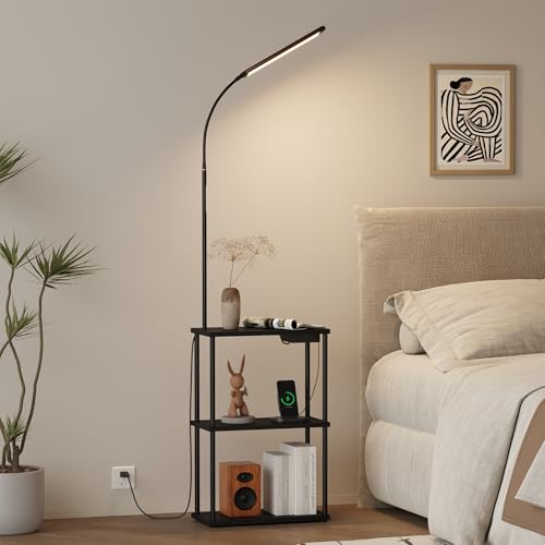 LED Floor Lamp with Table, 15W Bright Reading floor lamp with Remote & Touch Control, Narrow Side Table with USB Charging Station and AC Port, End Table for Bedroom, Living Room and Home Office, Black - color: Matte Black