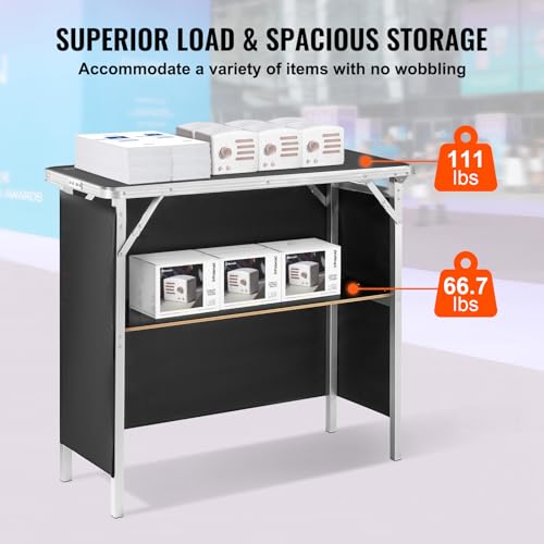 VEVOR Folding Portable Bar Table, Tradeshow Podium Table for Indoor, Outdoor, Party, Picnic, Exhibition, Includes Carrying Case, Storage Shelf and Black Skirt, 38.39" x 15.16" x 34.25" - size: 38.39 INCH