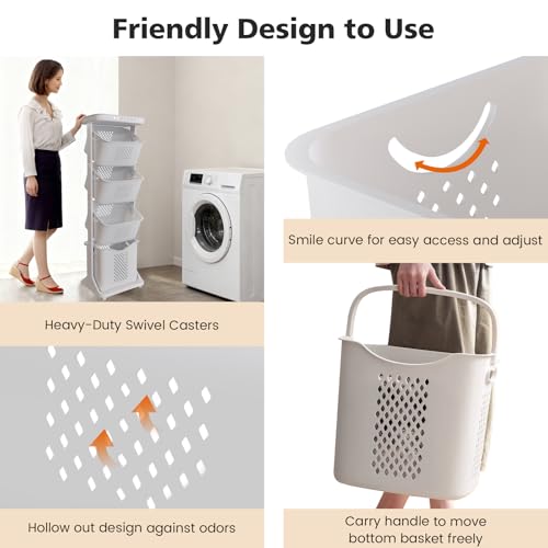 BAOKALER 4-Tier Laundry Hamper Sorter, Vertical Rolling Laundry Baskets with Wheels Removable, Stackable Laundry Cart Organizer and Storage for Small Space, Dorm, Closet, Bathroom - size: 4-layer