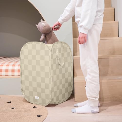 3 Sprouts Pop Up Hamper - Collapsible Laundry Basket, Popup & Foldable Design - Durable Waterproof Fabric for Dirty Clothes, Toys & Towels - Ideal for Dorm, Bedroom & Baby Nursery, Checkerboard Beige - color: Checkerboard Beige