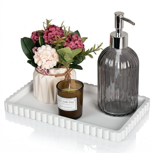 Silicone Bathroom Vanity Tray, Sink Caddy for Dish Soap Dispenser, Sponge Holder for Kitchen Sink, Rectangle Bathroom Countertop Organizer for Perfume, Jewelry, Candle (9.9” * 6”, White) - color: White, size: 9.9" x 6" x 0.7"