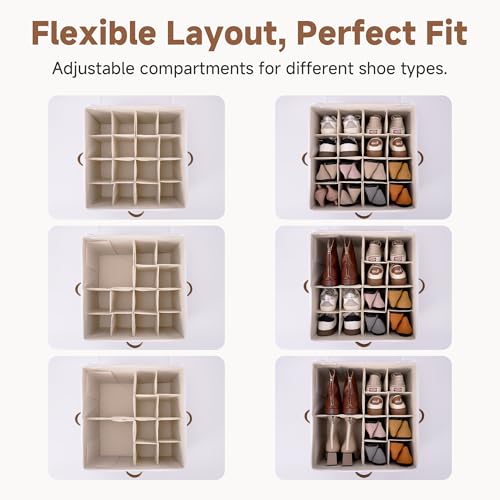 StorageWorks Shoe Organizer for Closet, Shoe Storage Cubby Containers with Adjustable Dividers and Clear Cover, Fits up to 16 Pairs, Foldable Shoe Storage Box for Closet, Entryway, Beige - color: Beige, size: Medium