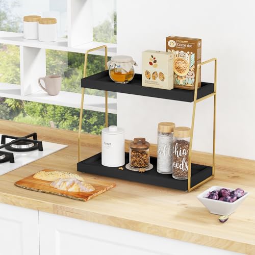 Forbena Black and Gold Bathroom Organizer Countertop, 2 Tier Counter Organizer for Bathroom Decor, Modern Sink Shelf Organizers for Vanity Storage, Make upTray for Makeup Bedroom - color: Black-gold