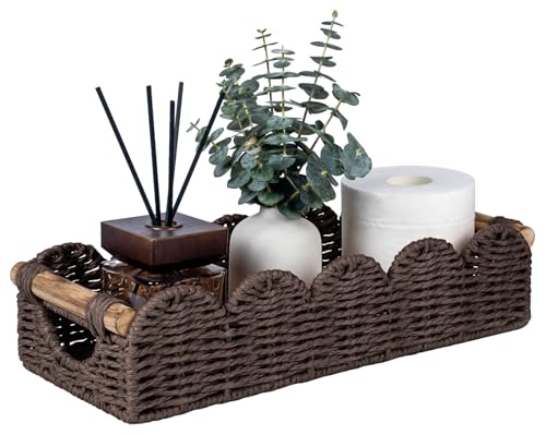 CubesLand Bathroom Basket Organizer w/Cut Out Handle, Back of Toilet Paper Storage Baskets Tray for Bathroom Countertop Decorative, Scalloped Wicker Basket Also for Home Decor, Living Room, Brown - color: Brown