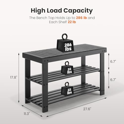 Sweetcrispy 3-Tier Shoe Rack Bench, Bamboo Entryway Storage Organizer, Shoes Stand for FrontDoor Entrance, Bedroom, Living Room, 286lb Capacity, 11.3 x 27.6 x 17.8 Inches, Pitch-Black - color: Black, size: 27 inches WIdth