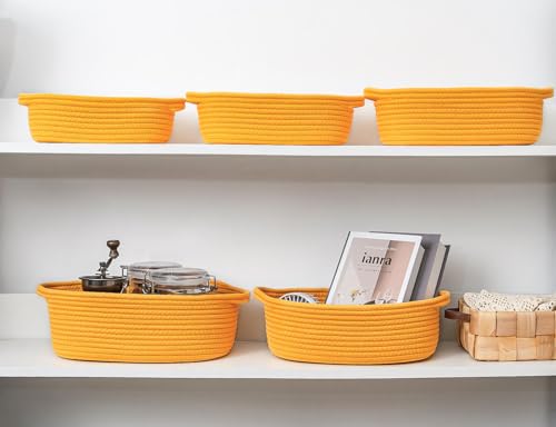 CubesLand Small Cotton Rope Storage Basket Set 5, Shelves Baskets for Organizing with Handle, Decorative Closet Storage Bins for Countertop Toilet Paper Basket for Toilet Tank Top,Yellow Basket - color: Yellow