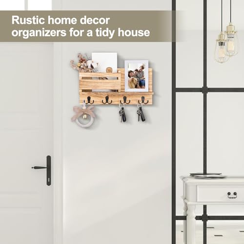 Key and Mail Holder for Wall Decorative - Rustic Mail Organizer Wall Mount, Wooden Letter Sorter Organizer with 4 Key Rack Hooks for Hallway Kitchen Farmhouse Decor (16.5” x 9.1” x 3.4”) (Brown) - color: Wood