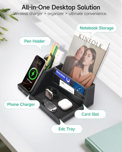 Valet Tray, Built in Wireless Charging Pad, Nightstand Organizer, Dresser Organizer, Mens Jewelry Box, Valet Charging Station, Faux Leather Valet Tray for Men and Women (Black+Wireless) - color: Black