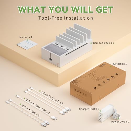 Pezin & Hulin Bamboo Charging Dock Station for Electronic Devices, Docking Organizer for Phone and Tablets, Smart Watch, Earbuds, Power Strip Box (Included 5-Port USB Charger and 6 Cables) -White - color: White