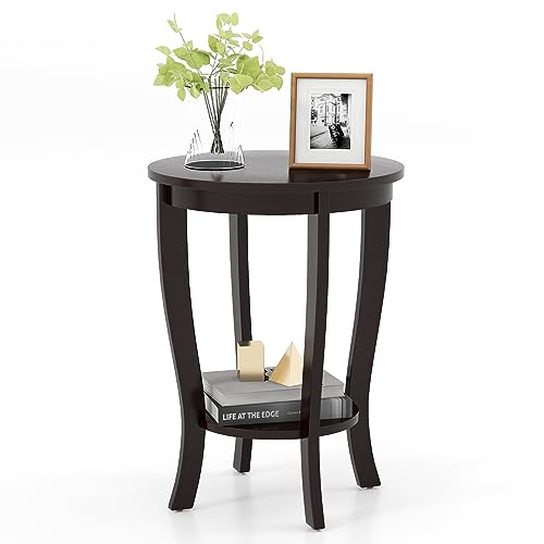 GOFLAME 2-Tier Round End Table, 18” Sofa Side Table with Storage Shelf, Floor Tea Table with Solid Wood Legs, Compact Nightstand for Small Space, Living Room, Bedroom, Espresso - color: Espresso