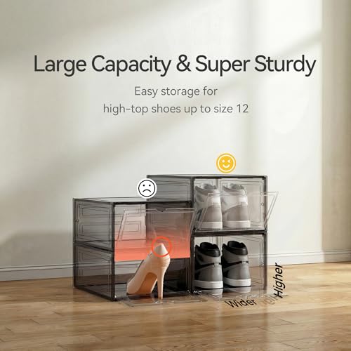 Pinkpum Upgraded Hard Shoe Storage Box 6 Pack X-Large Fit Size 12, Thicken & Sturdy Clear Plastic Stackable Shoe Organizer Box Closet, Sneaker Storage Display Case Holder Bins with Magnetic Door Black - color: Black Clear, size: 6 pcs