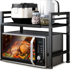 DOLALIKE Microwave Oven Rack, Expandable Microwave Stand Countertop Kitchen Utensils Tableware Storage, Carbon Steel Over Microwave Shelf Countertop with 3 Hooks - color: Black, size: 2 Tier (Without Spice Rack)