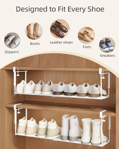 2 Pack Expandable Shoe Rack Organizer for Cabinet, Adjustable Hanging Under Shelf Storage, Sturdy Round Tube Design, Space Saving Shoe Shelf for Closet, Entryway, Laundry Room, White - color: White