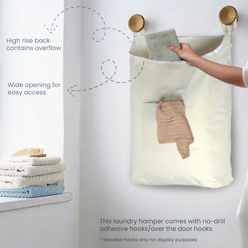 The Fine Living Co. Hanging Laundry Hamper with Over Door Hooks & Adhesive, Durable Space Saving Laundry Bag with Zipper and Wide Open Top, Hanging Dorm Laundry Hamper 18"x4.75"x28" (Beige-L) - color: Beige-L, size: Large