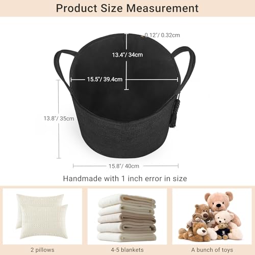 Mkono Woven Storage Basket Decorative Natural Rope Basket Wooden Bead Decoration for Blankets,Toys,Clothes,Shoes,Plant Organizer Bin with Handles Living Room Home Decor, 16" W×13.8" L, Black - color: Black, size: 16" W × 13.8"L