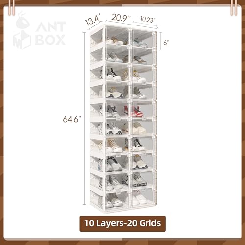 ANTBOX Collapsible Shoe Boxes Clear Plastic Stackable, Quick Setup Drop Front Shoe Organizer, Display Storage Cabinet for Sneakers10 Tiers 20 Pairs - color: Clear, size: 10 Tiers 20 Pairs